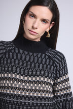 Pull Col Montant Textures Tibby - Noir Blanc Beige - Femme - Cachemire Et Laine
