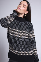 Pull Col Montant Textures Tibby - Noir Blanc Beige - Femme - Cachemire Et Laine