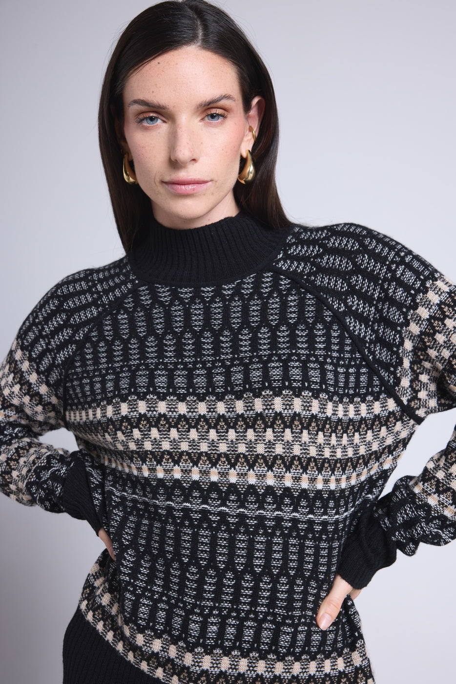 Pull Col Montant Textures Tibby - Noir Blanc Beige - Femme - Cachemire Et Laine