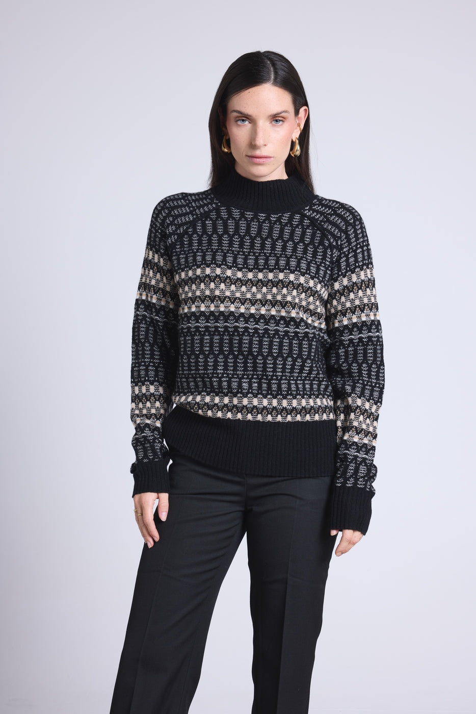 Pull Col Montant Textures Tibby - Noir Blanc Beige - Femme - Cachemire Et Laine
