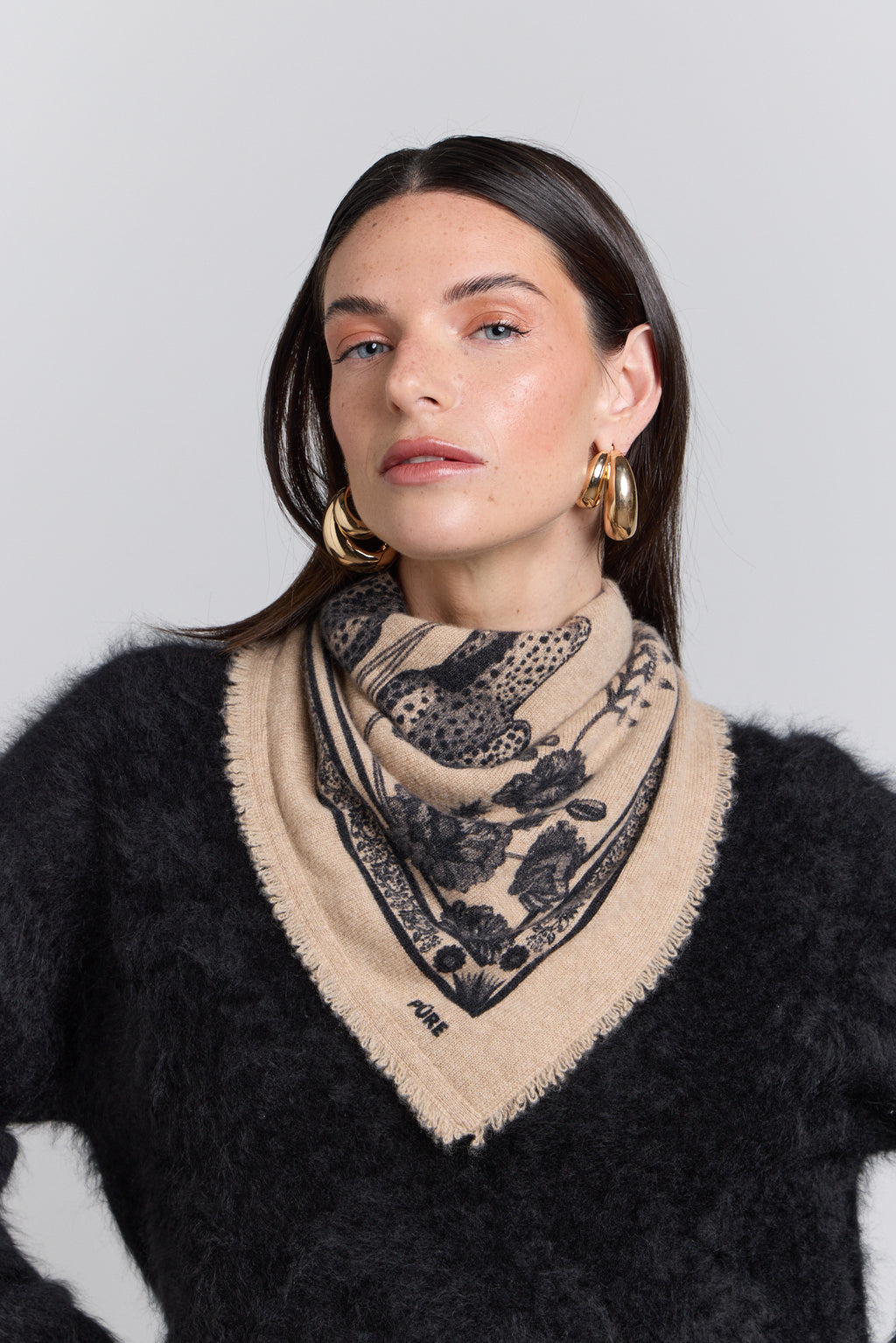 Tiger Cashmere Bandana Scarf - Ecoland Beige & Black - Unisex