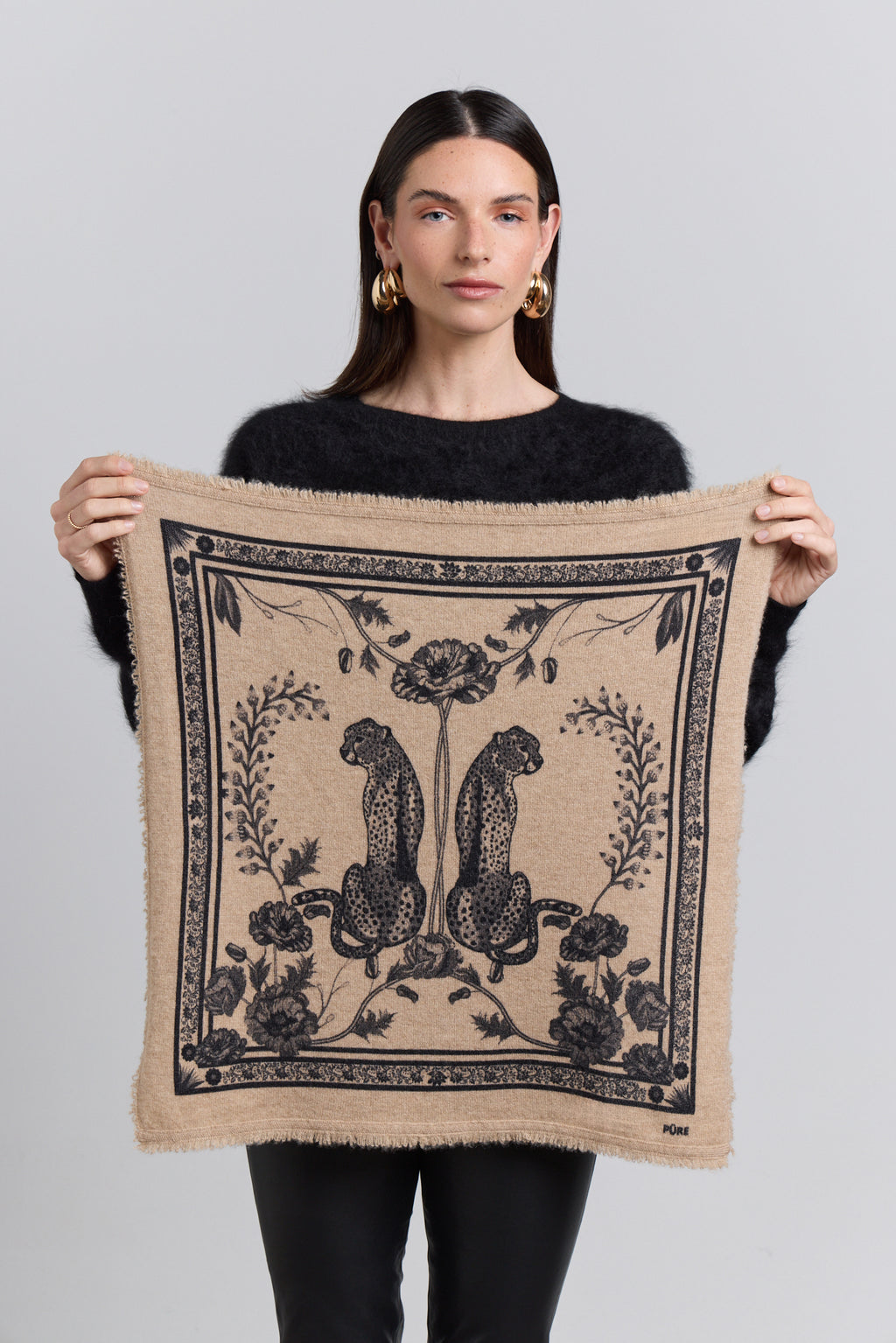 Tiger Cashmere Bandana Scarf - Ecoland Beige & Black - Unisex