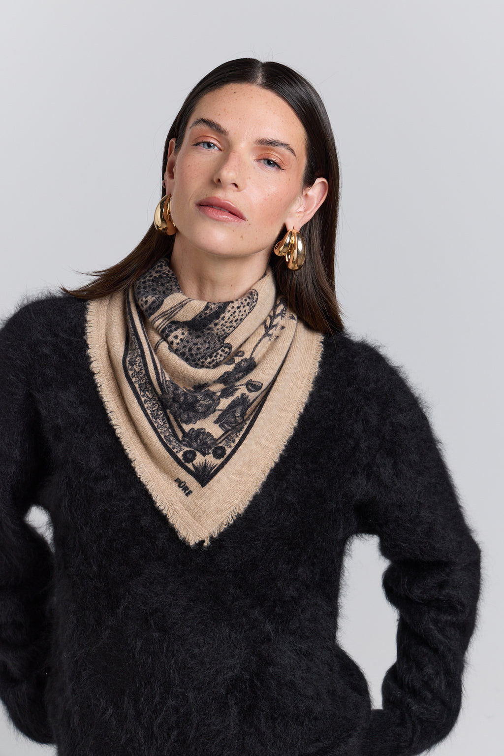 Tiger Cashmere Bandana Scarf - Ecoland Beige & Black - Unisex
