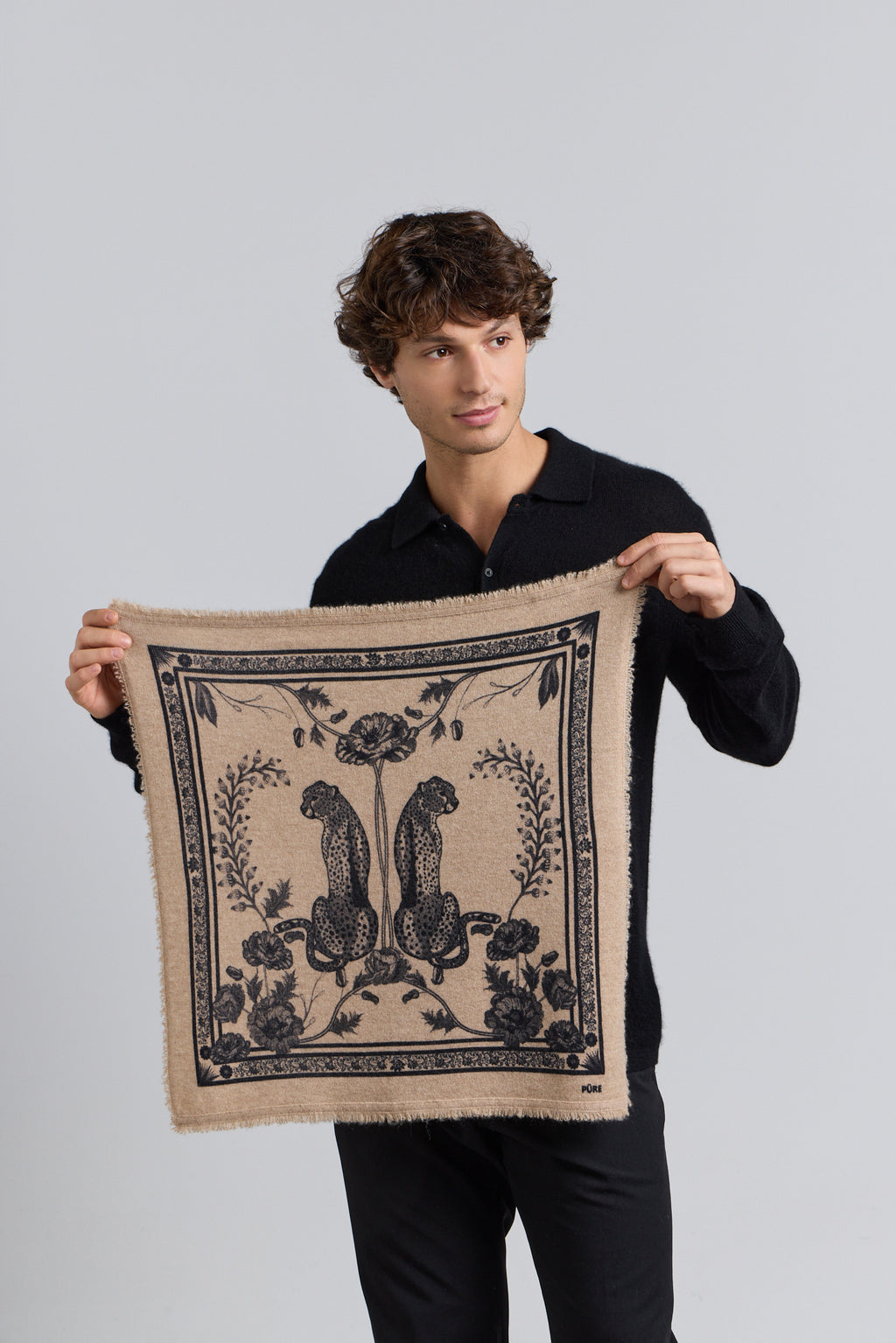 Tiger Cashmere Bandana Scarf - Ecoland Beige & Black - Unisex