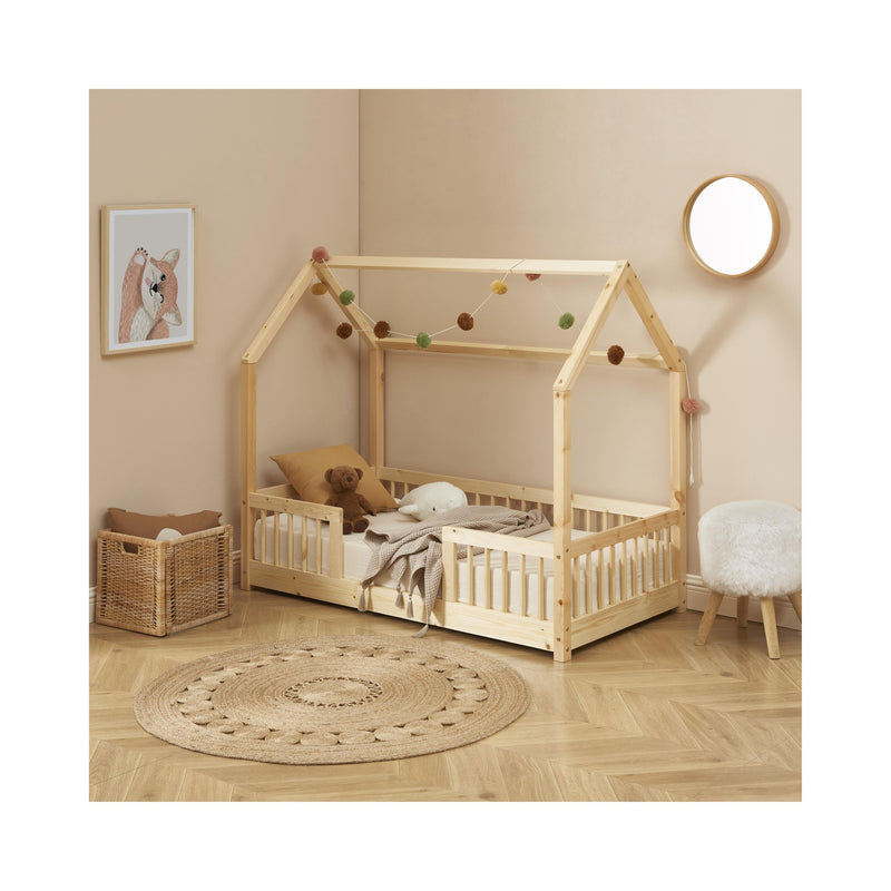 Cabin Bed with Guardrails - Slatted Base Included - Tiny - Solid Pine