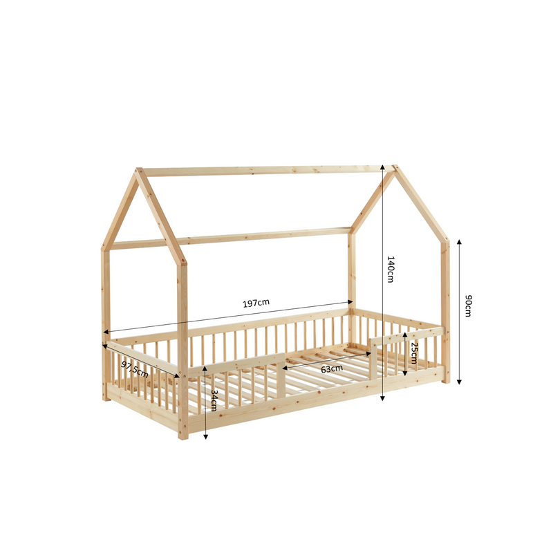 Cabin Bed with Guardrails - Slatted Base Included - Tiny - Solid Pine