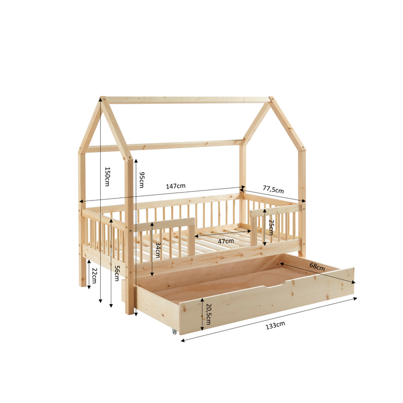Cama tipo cabina con barreras - Somier incluido + cajón - Pequeña - Pino macizo
