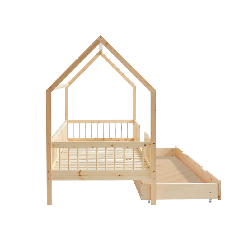 Cama tipo cabina con barreras - Somier incluido + cajón - Pequeña - Pino macizo