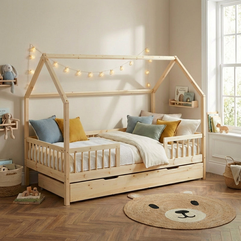 Cama tipo cabina con barreras - Somier incluido + cajón - Pequeña - Pino macizo