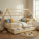 Cama tipo cabina con barreras - Somier incluido + cajón - Pequeña - Pino macizo