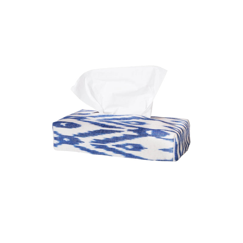 Tissue Box - Veil Of Tenderness - Ivory Ikat And Blue Denim