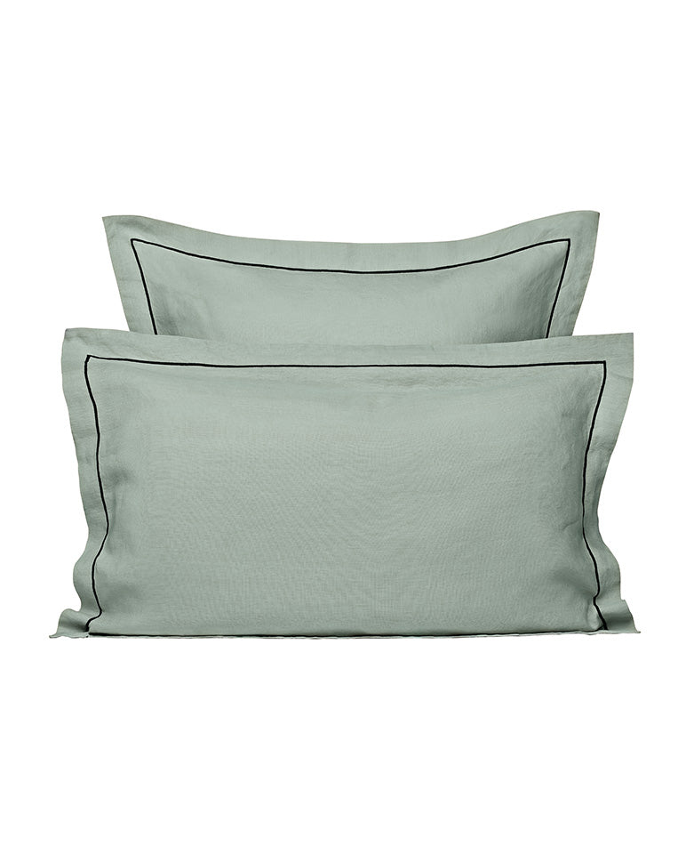 Paire De Taies D'Oreiller - Lin - Finition Bourdon - Vert Sauge Liseré Noir