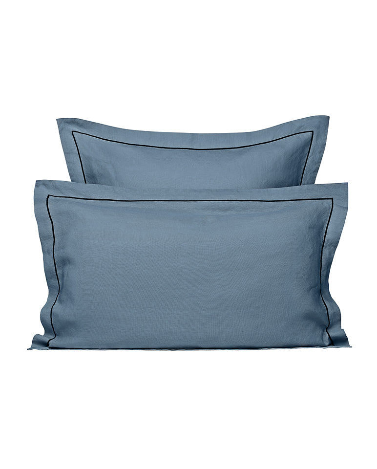 Paire De Taies D'Oreiller - Lin - Finition Bourdon - Bleu Horizon Liseré Noir