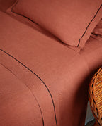 Paire De Taies D'Oreiller - Lin - Finition Bourdon - Terracotta Liseré Noir