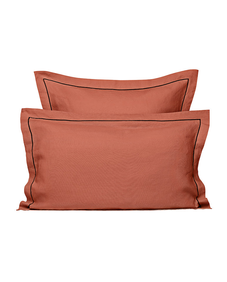 Paire De Taies D'Oreiller - Lin - Finition Bourdon - Terracotta Liseré Noir