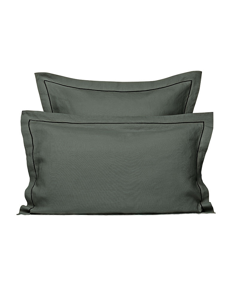 Paire De Taies D'Oreiller - Lin - Finition Bourdon - Gris Laurier Liseré Noir