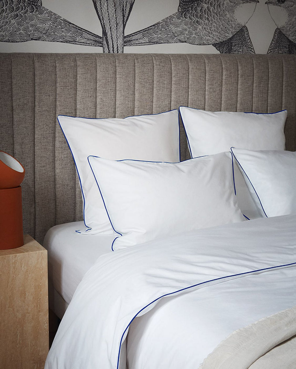 Paire De Taies D'Oreiller - Percale De Coton - Blanc Liseré Bleu Cobalt