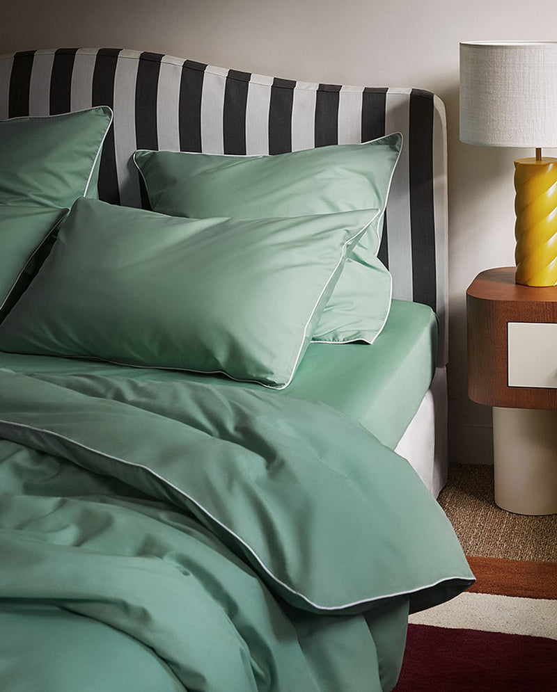 Paire De Taies D'Oreillers - Percale De Coton - Vert Lichen Liseré Blanc