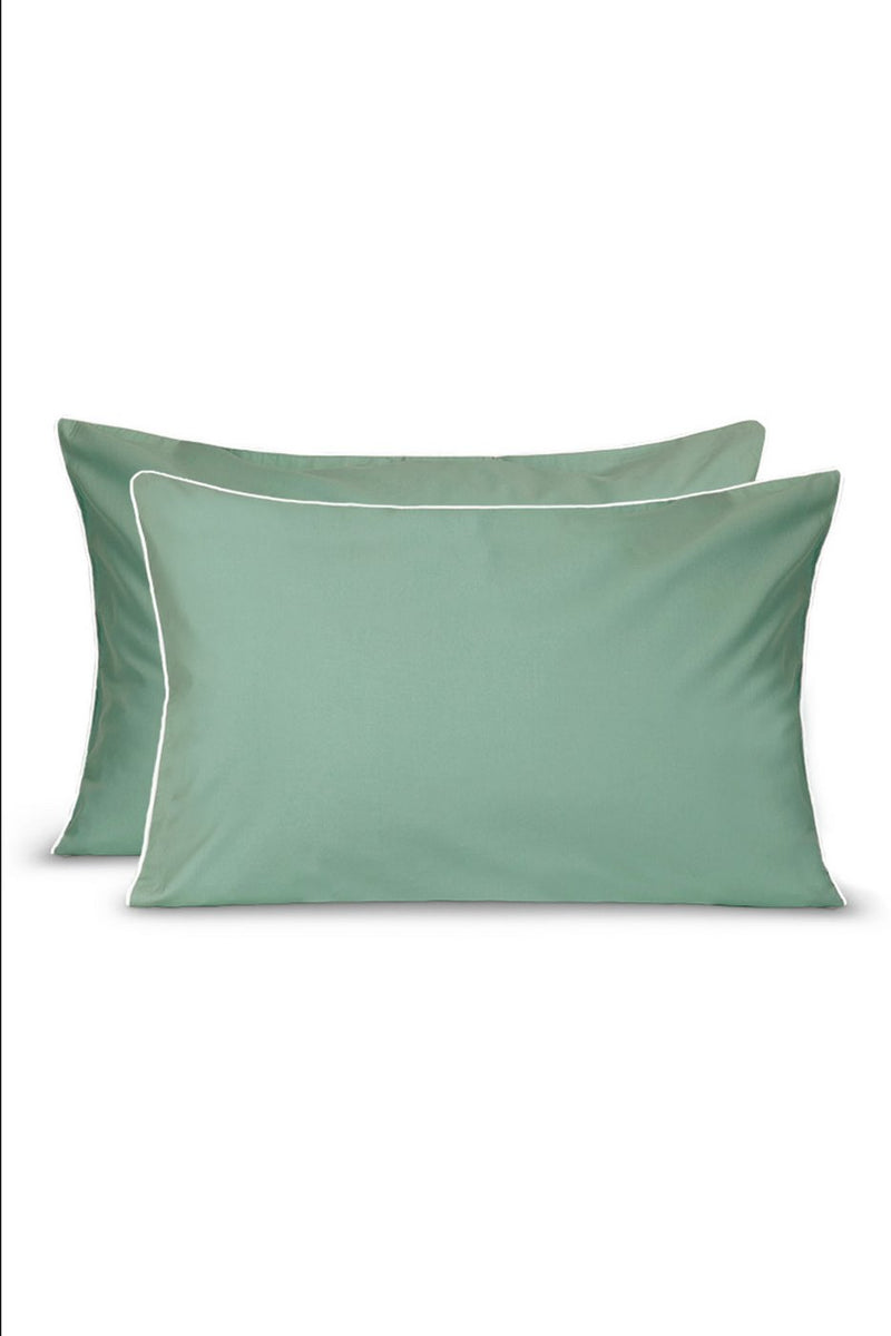 Paire De Taies D'Oreillers - Percale De Coton - Vert Lichen Liseré Blanc