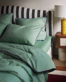 Paire De Taies D'Oreillers - Percale De Coton - Vert Lichen Liseré Aubergine