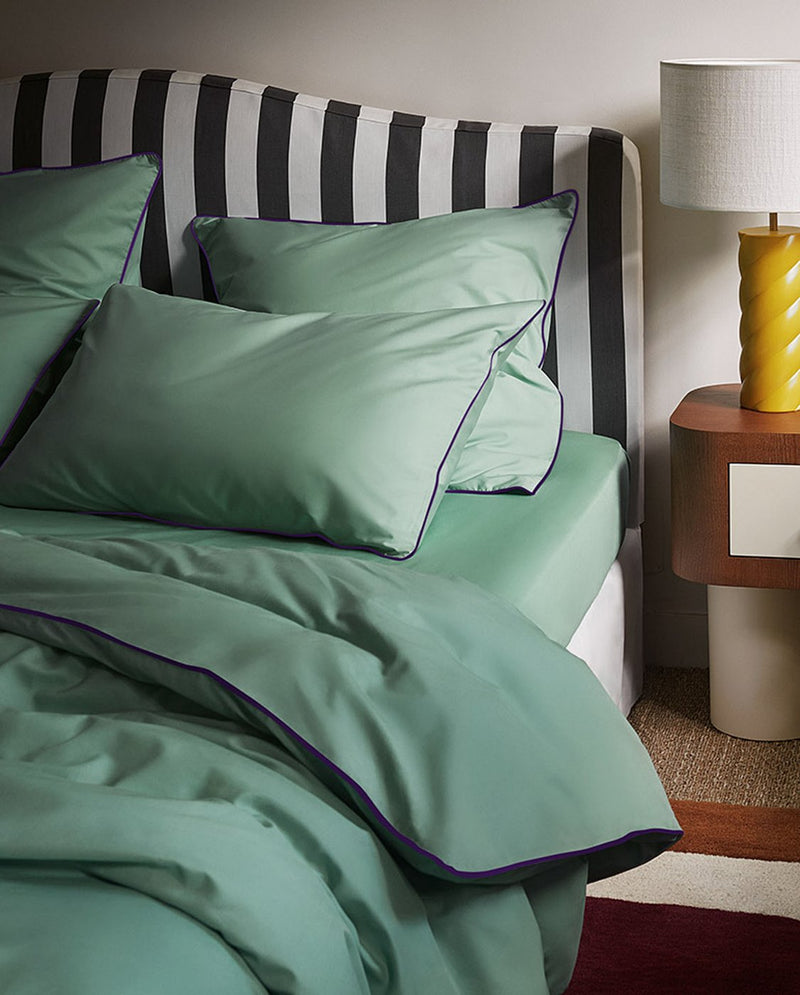 Paire De Taies D'Oreillers - Percale De Coton - Vert Lichen Liseré Aubergine