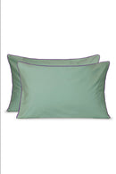 Paire De Taies D'Oreillers - Percale De Coton - Vert Lichen Liseré Aubergine