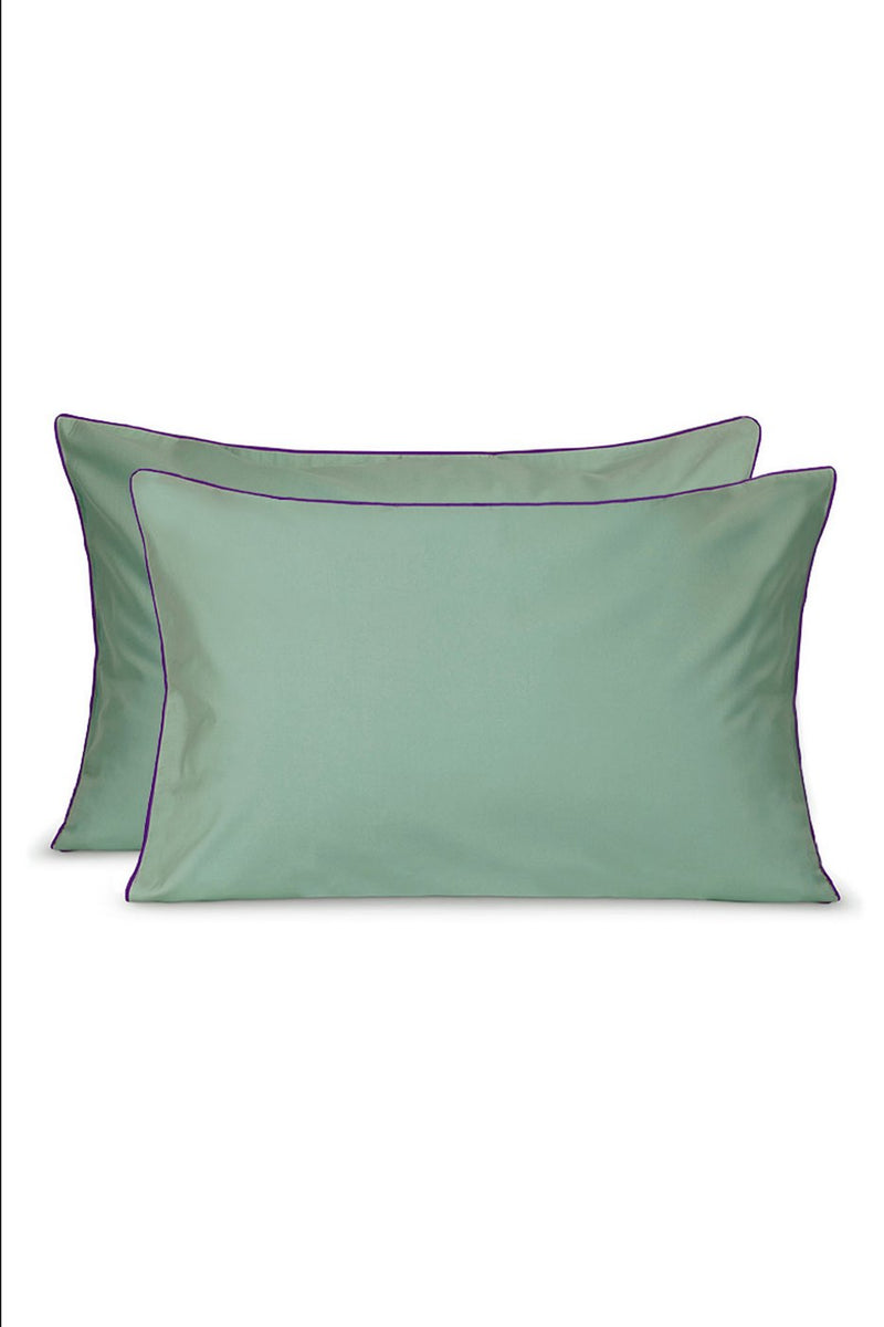 Paire De Taies D'Oreillers - Percale De Coton - Vert Lichen Liseré Aubergine