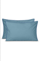 Paire De Taies D'Oreillers - Percale De Coton - Bleu Chardin Liseré Bleu Cobalt
