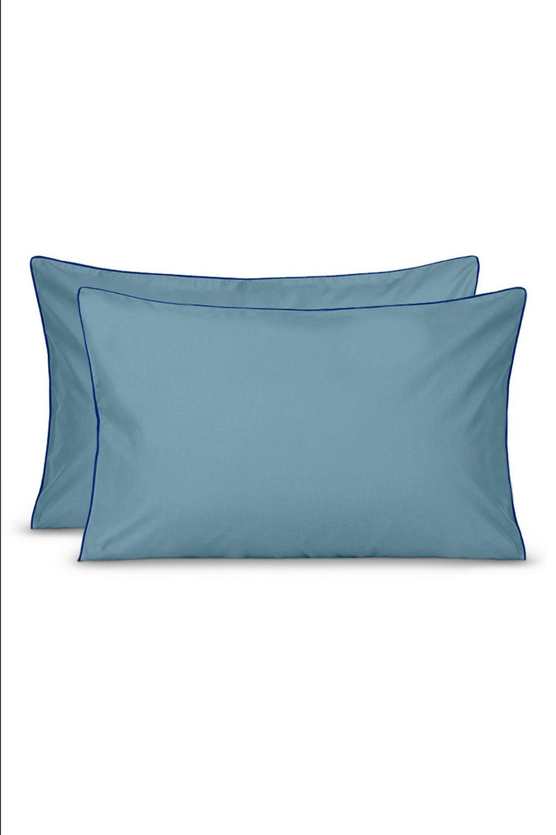 Paire De Taies D'Oreillers - Percale De Coton - Bleu Chardin Liseré Bleu Cobalt