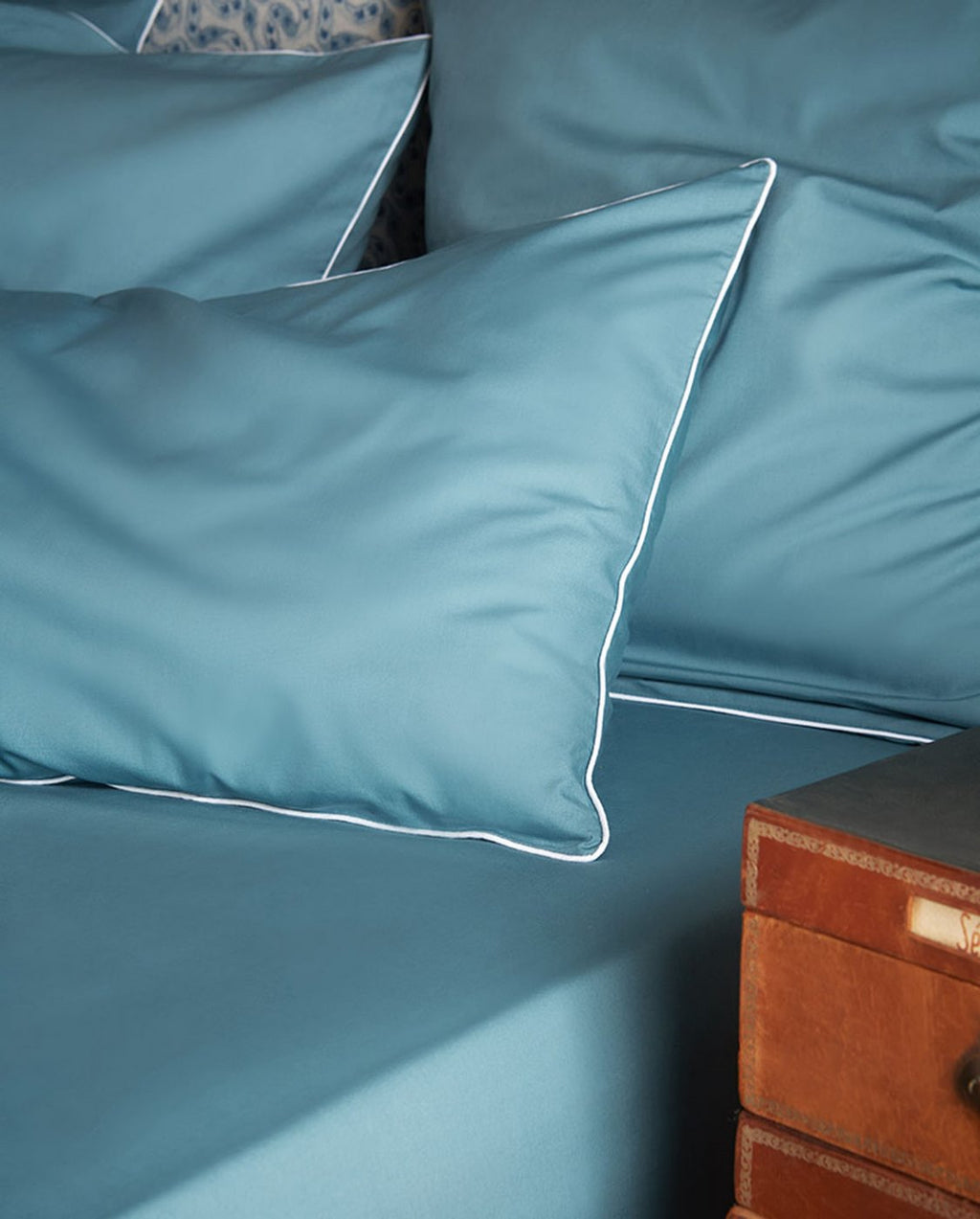 Paire De Taies D'Oreillers - Percale De Coton - Bleu Chardin Liseré Blanc
