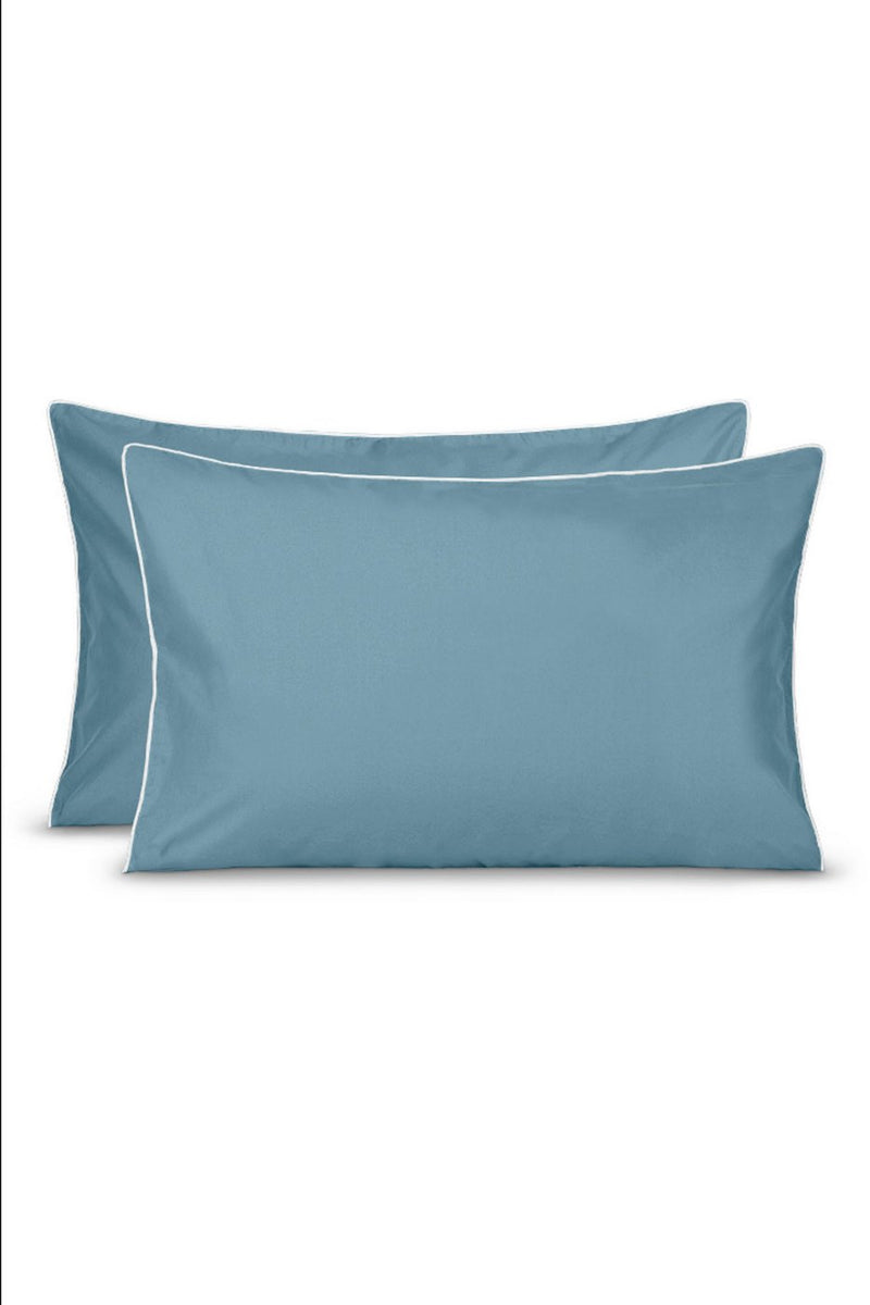 Paire De Taies D'Oreillers - Percale De Coton - Bleu Chardin Liseré Blanc