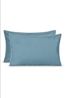 Paire De Taies D'Oreillers - Percale De Coton - Bleu Chardin Liseré Rose Nymphe