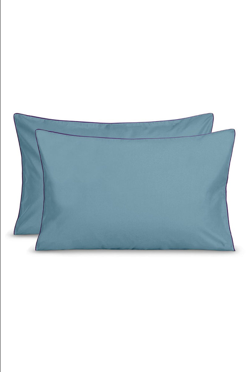 Paire De Taies D'Oreillers - Percale De Coton - Bleu Chardin Liseré Aubergine