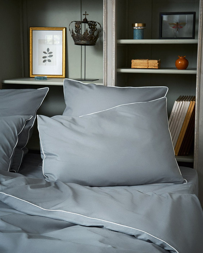 Paire De Taies D'Oreiller - Percale De Coton - Gris Liseré Blanc