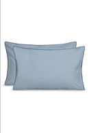 Paire De Taies D'Oreiller - Percale De Coton - Gris Liseré Bleu Cobalt