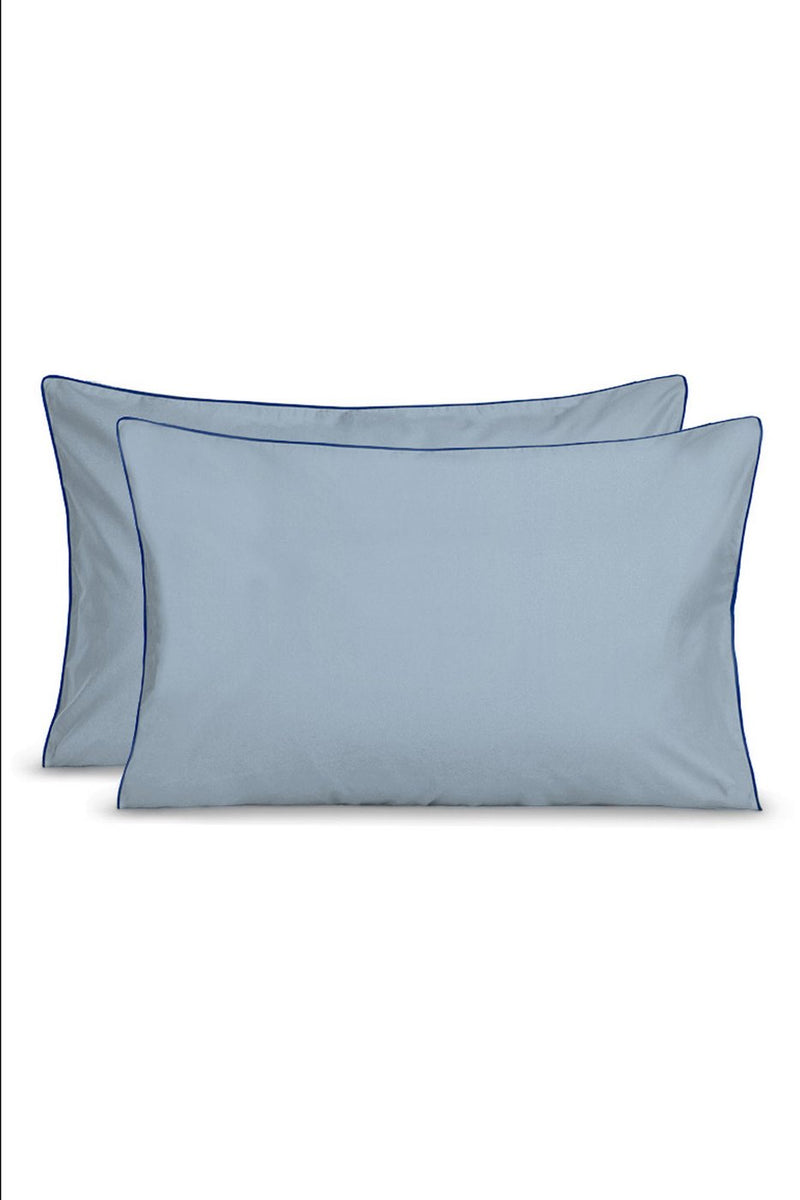 Paire De Taies D'Oreiller - Percale De Coton - Gris Liseré Bleu Cobalt