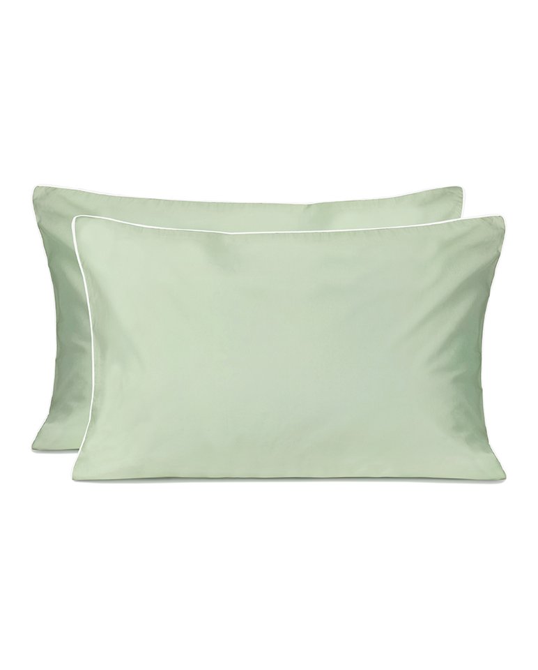 Paire De Taies D'Oreiller - Percale De Coton - Vert Amande Liseré Blanc