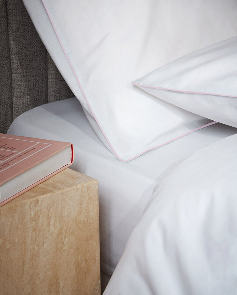 Paire De Taies D'Oreillers - Percale De Coton - Blanc Liseré Rose Nymphe