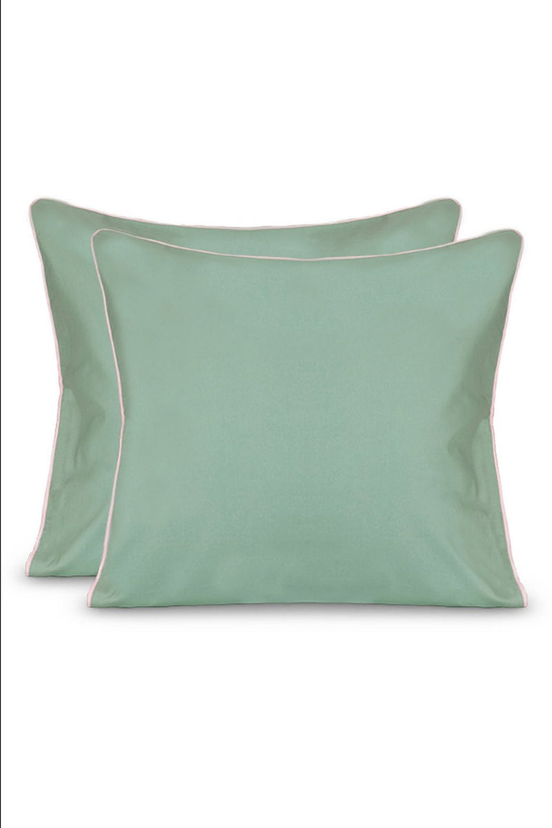 Paire De Taies D'Oreillers - Percale De Coton - Vert Lichen Liseré Rose Nymphe