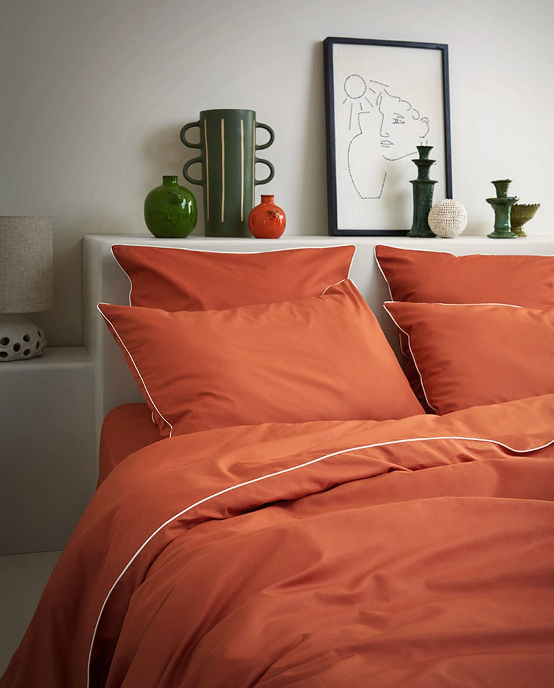 Coppia Di Federe - Percalle Di Cotone - Terracotta Con Bordino Bianco
