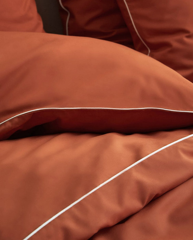 Paire De Taies D'Oreillers - Percale De Coton - Terracotta Liseré Blanc