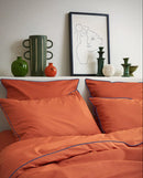 Paire De Taies D'Oreillers - Percale De Coton - Terracotta Liseré Bleu Cobalt