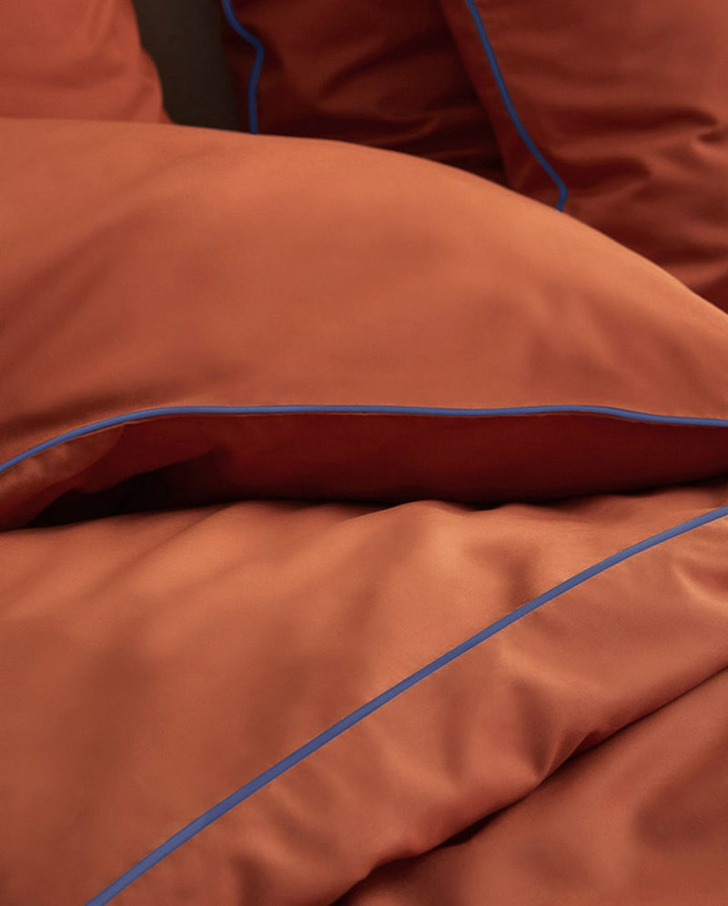 Paire De Taies D'Oreillers - Percale De Coton - Terracotta Liseré Bleu Cobalt