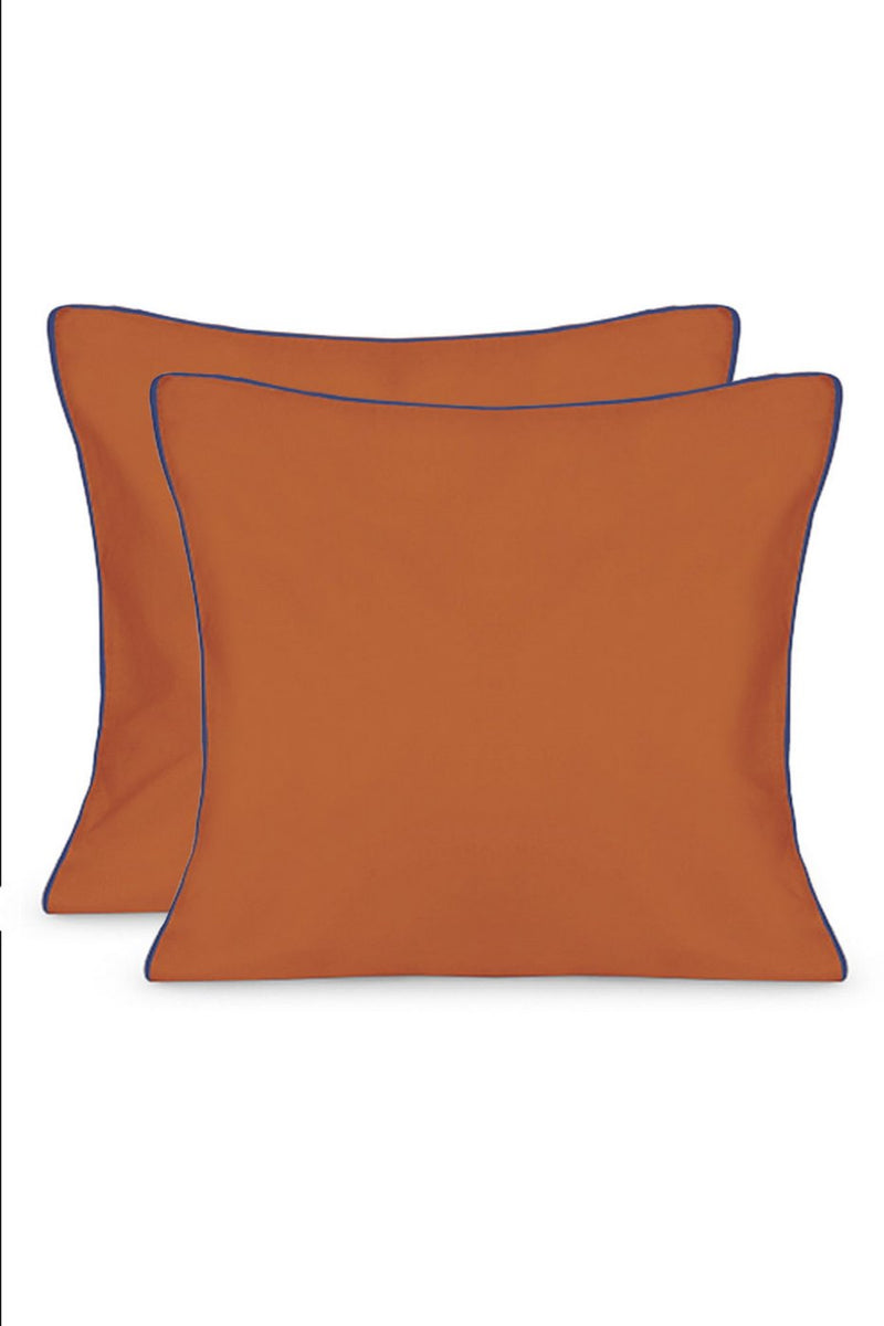 Paire De Taies D'Oreillers - Percale De Coton - Terracotta Liseré Bleu Cobalt