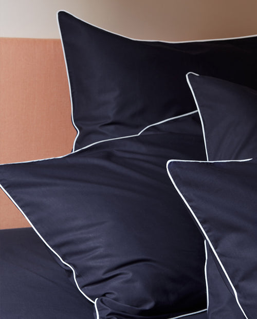 Paire De Taie D'Oreillers Percale De Coton - Finition Liseré - Bleu Nuit Liseré Blanc