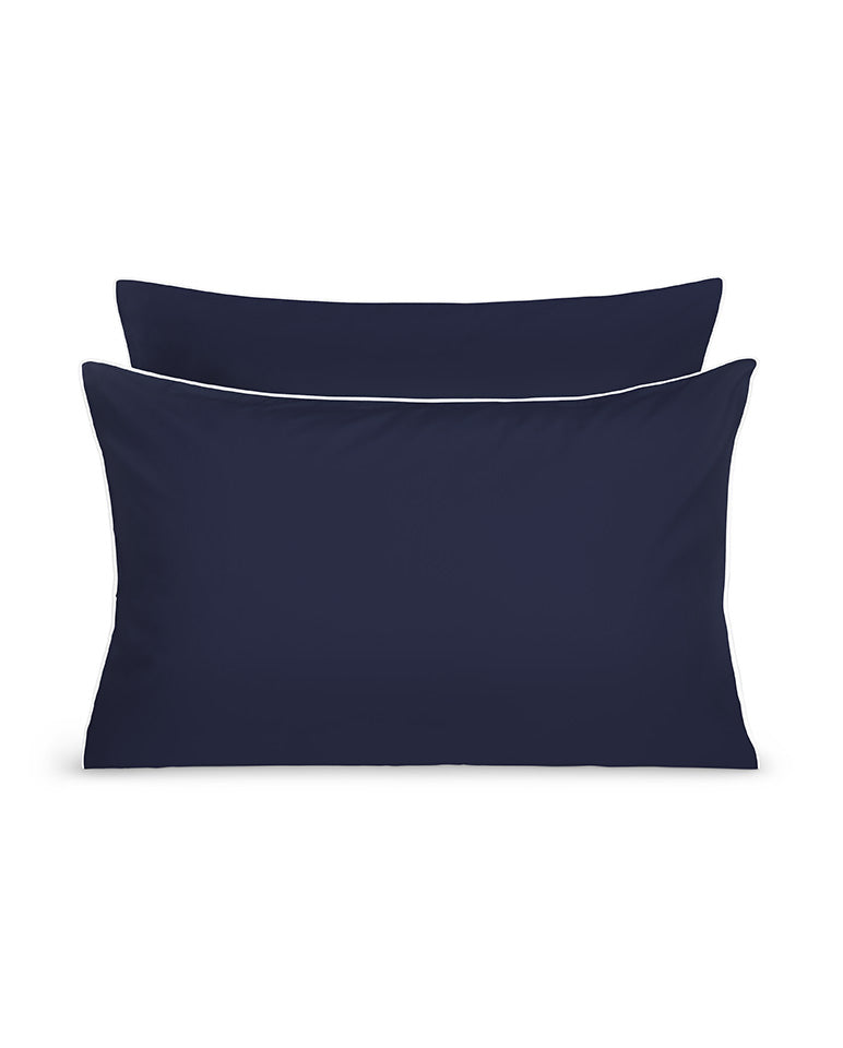 Paire De Taie D'Oreillers Percale De Coton - Finition Liseré - Bleu Nuit Liseré Blanc