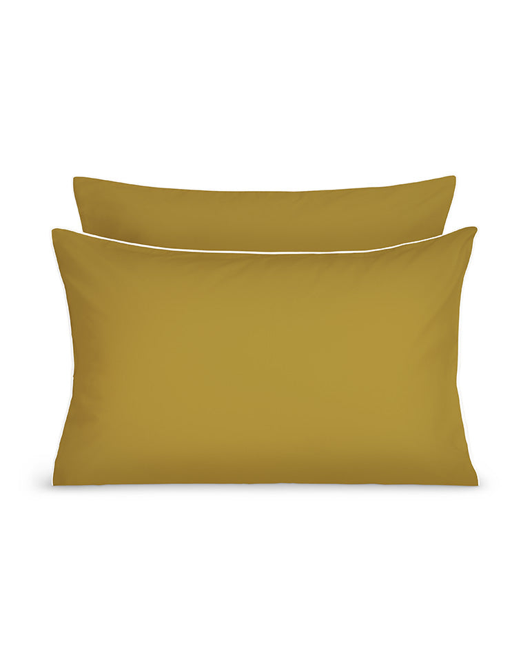 Paire De Taie D'Oreillers Percale De Coton - Finition Liseré - Vert Bronze Liseré Blanc