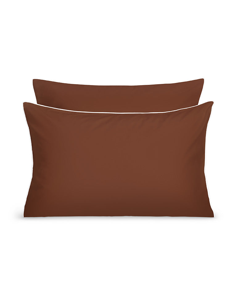 Paire De Taie D'Oreillers Percale De Coton - Finition Liseré - Chocolat Liseré Blanc