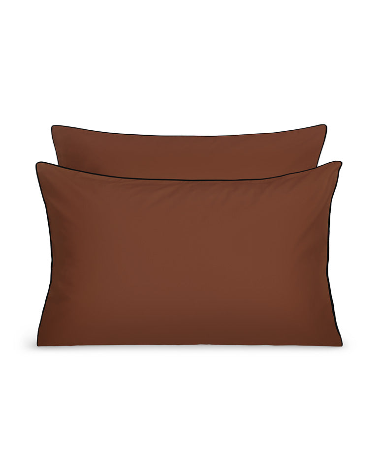 Paire De Taie D'Oreillers Percale De Coton - Finition Liseré - Chocolat Liseré Noir