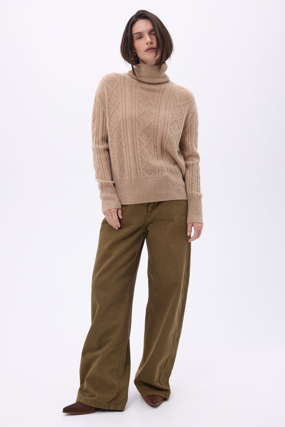 Bufanda triangular de punto trenzado Tory - Beige crema - Mujer